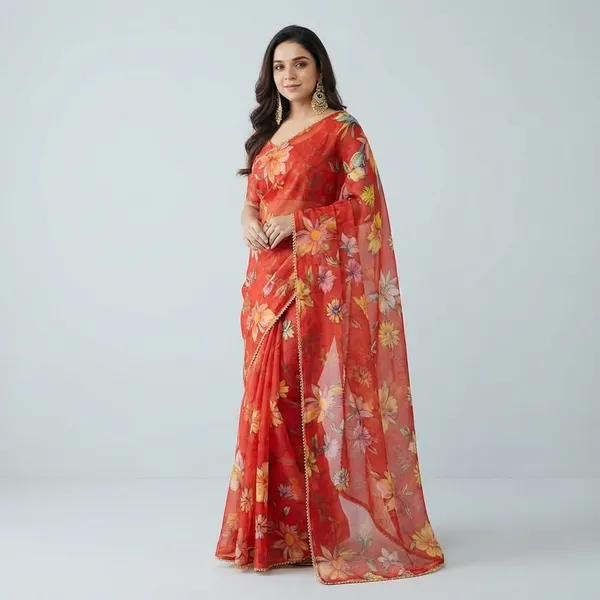 Elegant_Red_Floral_Print_Saree_With_Golden_Border_For_Women