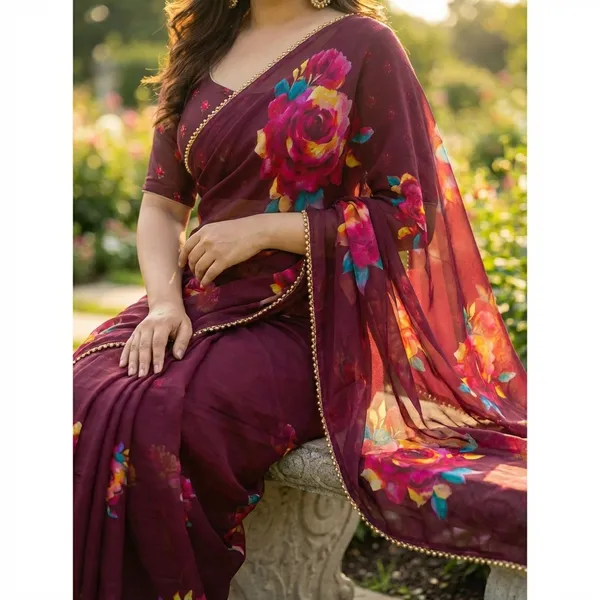 Maroon_Floral_Printed_Saree_With_Blouse_For_Women