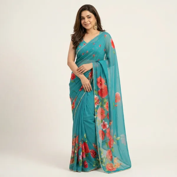 Turquoise_Blue_Floral_Print_Saree_With_Pearl_Border_For_Women