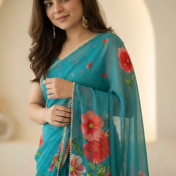 Turquoise_Blue_Floral_Print_Saree_With_Pearl_Border_For_Women
