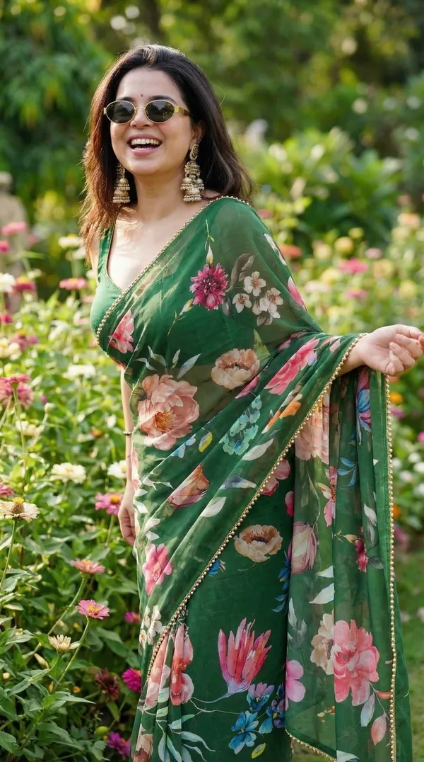 Green_Floral_Print_Saree_With_Golden_Border_For_Women