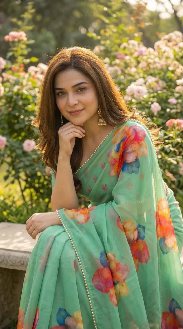 Floral_Printed_Saree_With_Pearl_Border_-_Mint_Green_For_Women