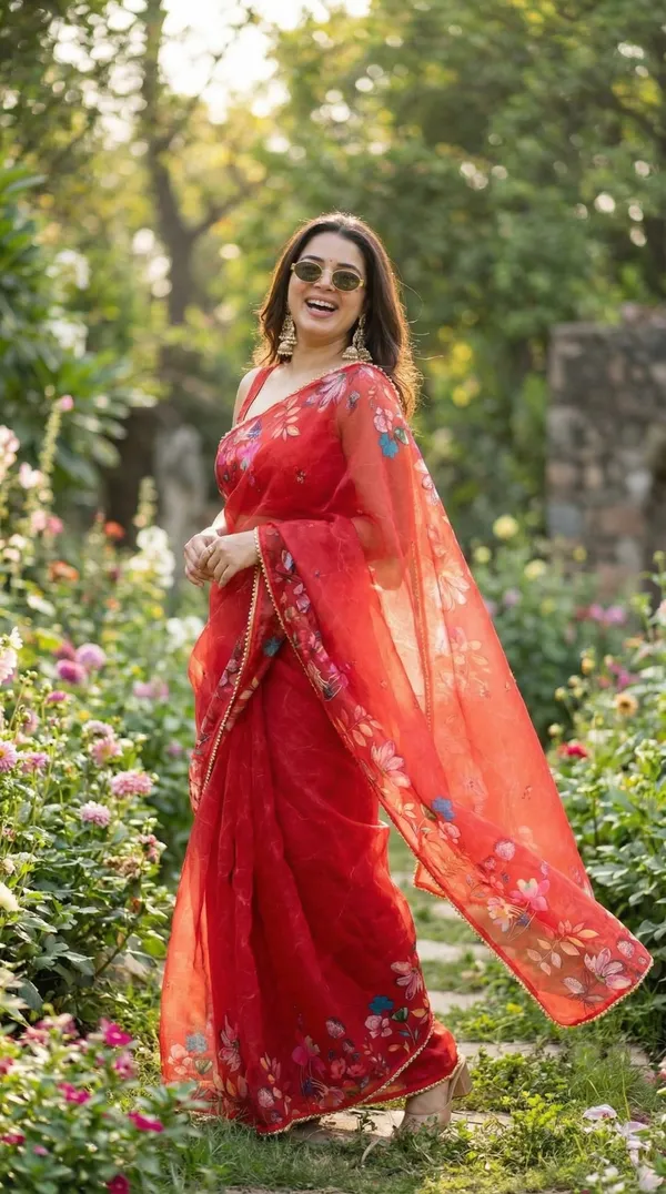 Red_Floral_Printed_Saree_With_Unstitched_Blouse_For_Women