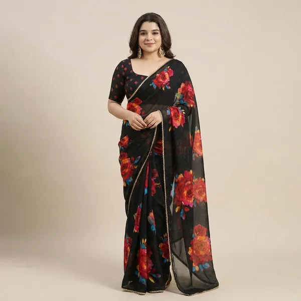 Black_Floral_Printed_Saree_With_Matching_Blouse_For_Women