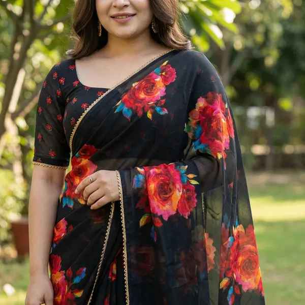 Black_Floral_Printed_Saree_With_Matching_Blouse_For_Women