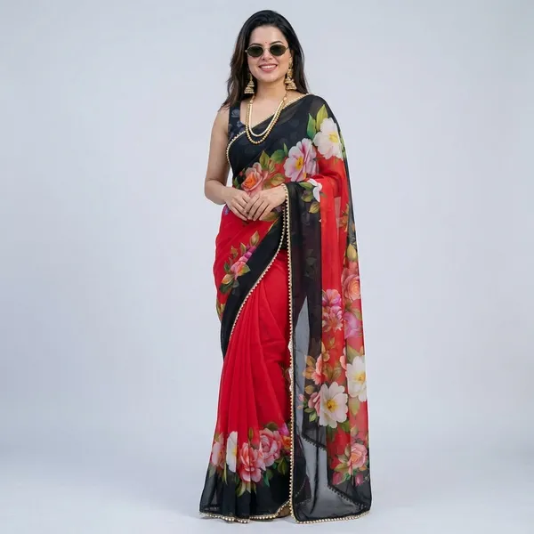 Red_&_Black_Floral_Printed_Saree_With_Border_For_Women