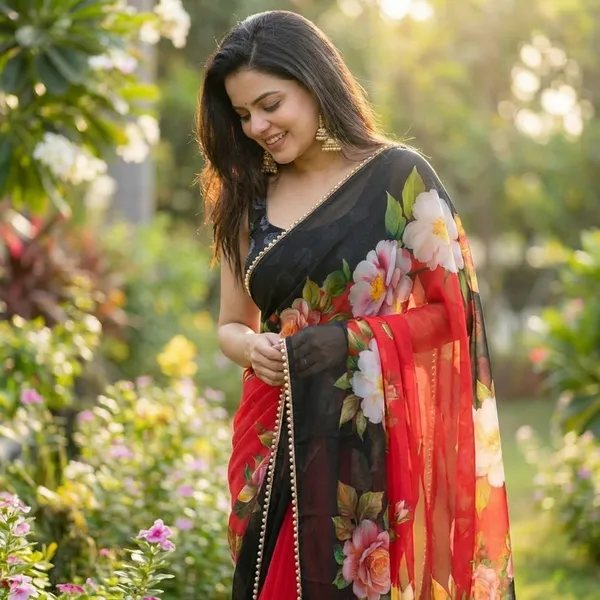 Red_&_Black_Floral_Printed_Saree_With_Border_For_Women