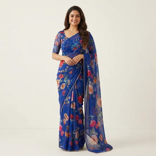 Blue_Floral_Print_Saree_With_Embellished_Border_For_Women
