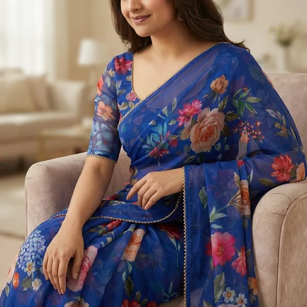 Blue_Floral_Print_Saree_With_Embellished_Border_For_Women