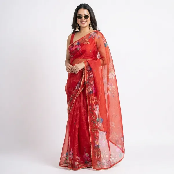 Red_Floral_Printed_Saree_With_Unstitched_Blouse_For_Women