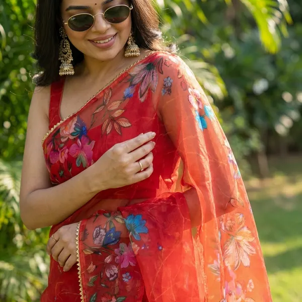Red_Floral_Printed_Saree_With_Unstitched_Blouse_For_Women