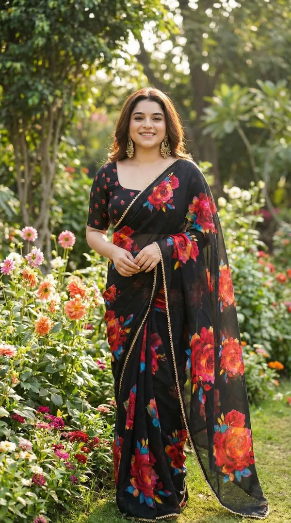 Black_Floral_Printed_Saree_With_Matching_Blouse_For_Women