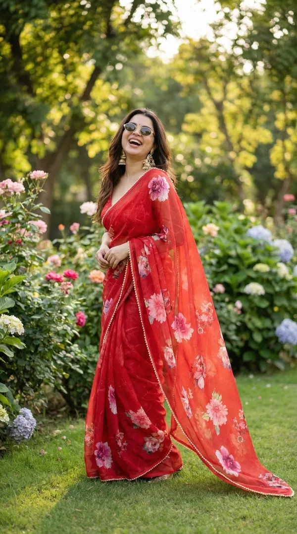 Red_Floral_Print_Saree_With_Golden_Border_For_Women
