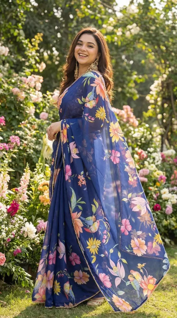 Navy_Blue_Floral_Print_Saree_With_Embellished_Border_For_Women