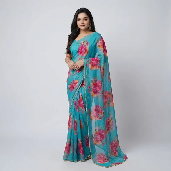 Turquoise_Blue_Floral_Print_Saree_With_Golden_Border_For_Women
