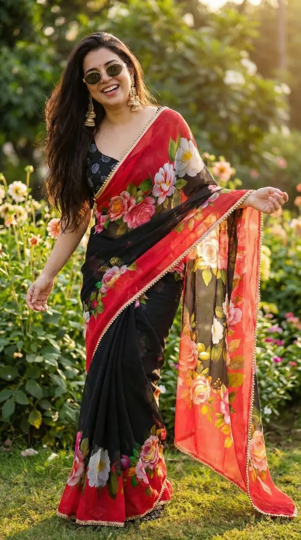 Black_Floral_Print_Saree_With_Red_Border_For_Women