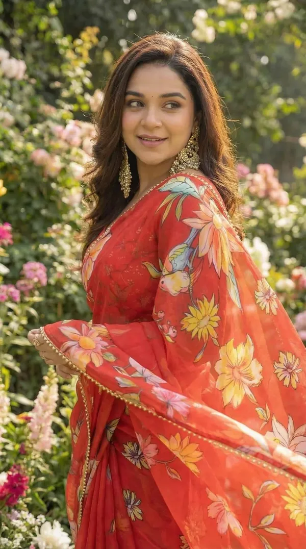 Elegant_Red_Floral_Print_Saree_With_Golden_Border_For_Women