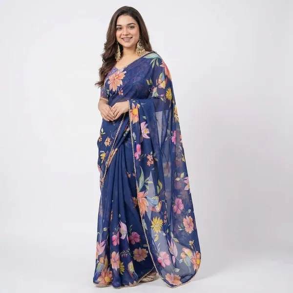 Navy_Blue_Floral_Print_Saree_With_Embellished_Border_For_Women