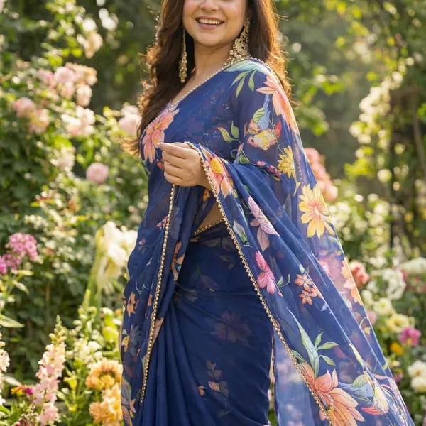 Navy_Blue_Floral_Print_Saree_With_Embellished_Border_For_Women