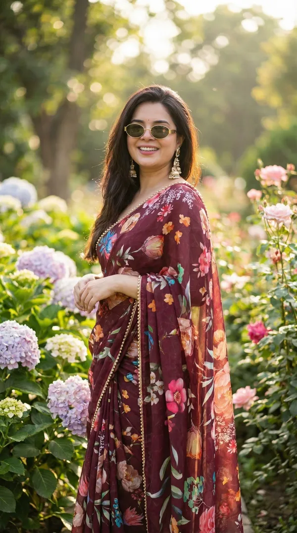 Burgundy_Floral_Print_Saree_With_Embellished_Border_For_Women