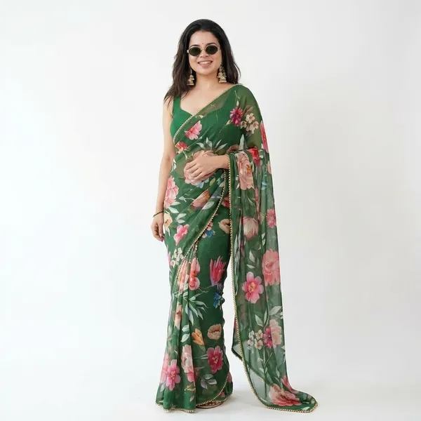 Green_Floral_Print_Saree_With_Golden_Border_For_Women