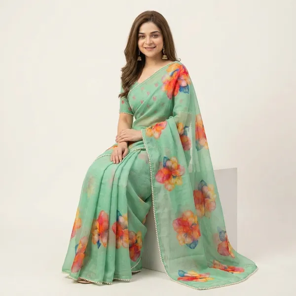 Floral_Printed_Saree_With_Pearl_Border_-_Mint_Green_For_Women