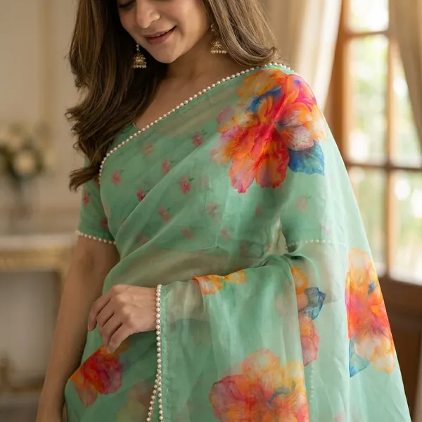 Floral_Printed_Saree_With_Pearl_Border_-_Mint_Green_For_Women