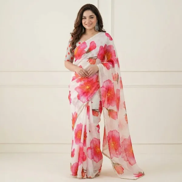Elegant_White_Floral_Print_Saree_With_Pink_Blooms_For_Women