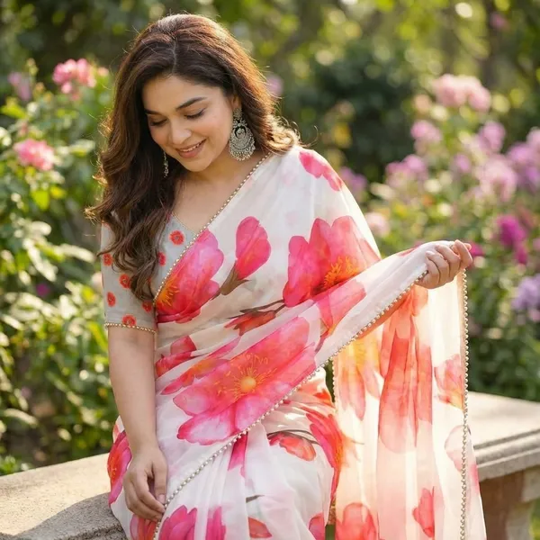 Elegant_White_Floral_Print_Saree_With_Pink_Blooms_For_Women