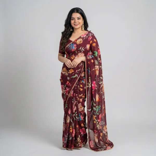Burgundy_Floral_Print_Saree_With_Embellished_Border_For_Women
