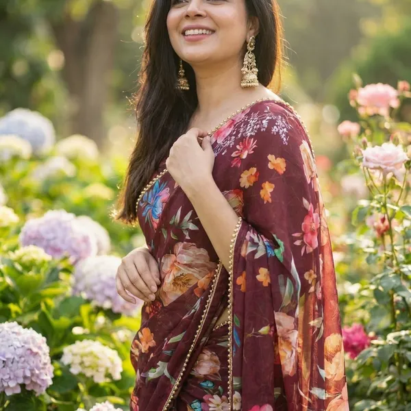 Burgundy_Floral_Print_Saree_With_Embellished_Border_For_Women