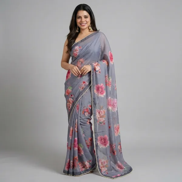 Grey_Floral_Print_Saree_With_Pearl_Border_For_Women