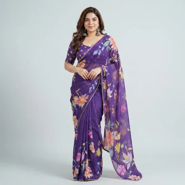 Purple_Floral_Printed_Saree_With_Embellished_Border_For_Women