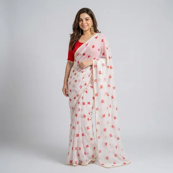 White_Saree_With_Red_Butterfly_Embroidery_And_Red_Blouse_For_Women