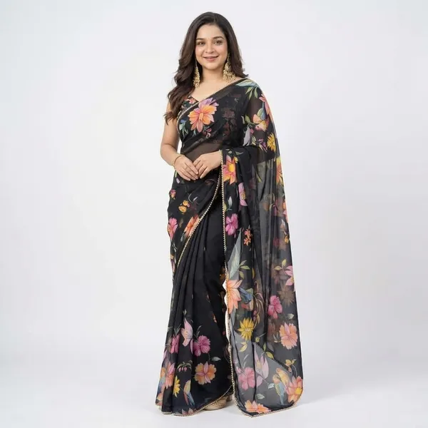 Black_Floral_Print_Saree_With_Embellished_Border_For_Women