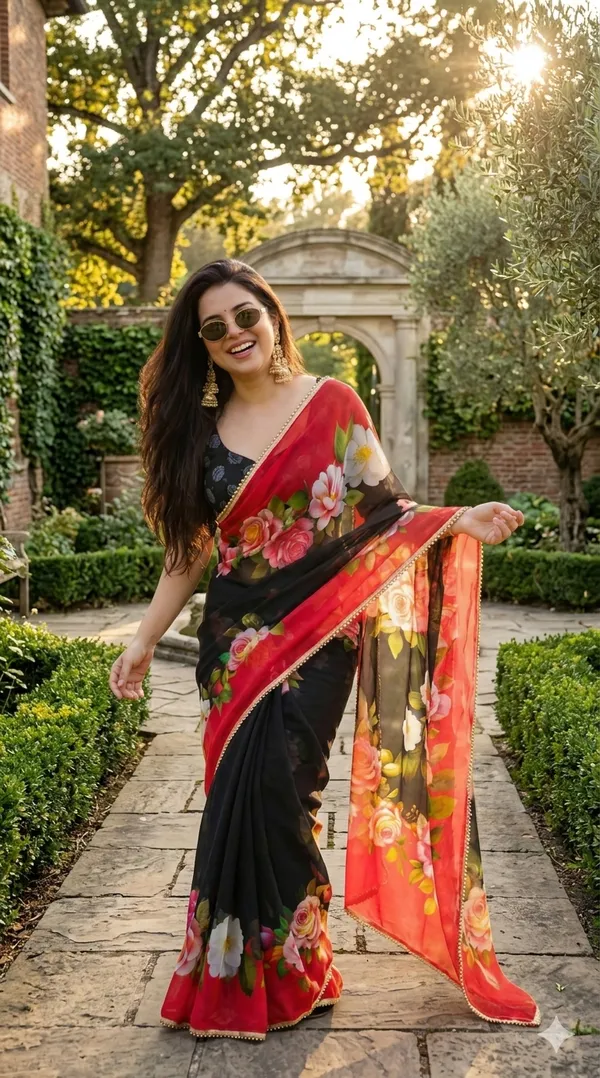 Black_Floral_Print_Saree_With_Red_Border_For_Women