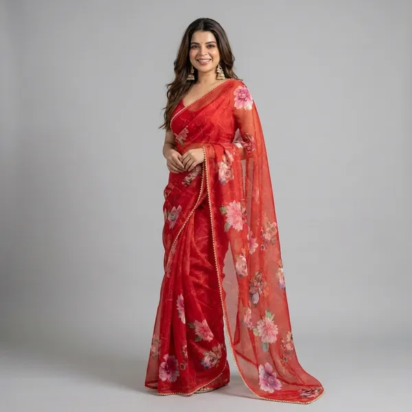 Red_Floral_Print_Saree_With_Golden_Border_For_Women