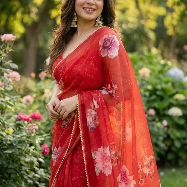 Red_Floral_Print_Saree_With_Golden_Border_For_Women