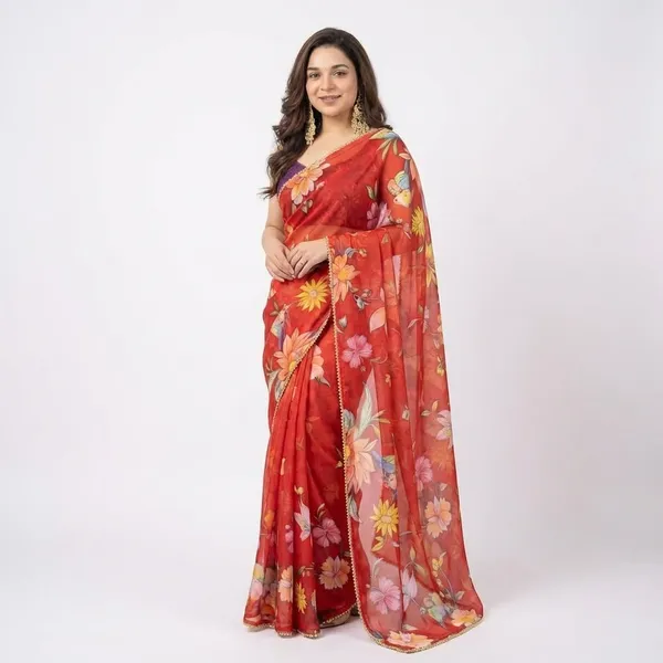 Red_Floral_Printed_Saree_With_Embellished_Border_For_Women