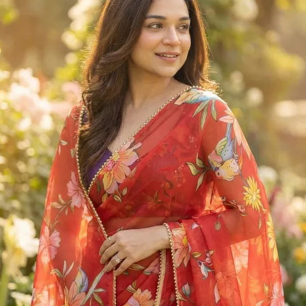 Red_Floral_Printed_Saree_With_Embellished_Border_For_Women