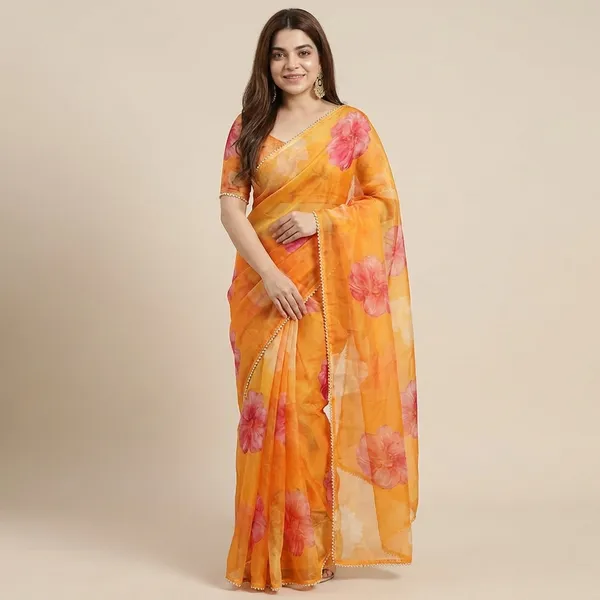 Yellow_Floral_Print_Saree_With_Pink_Rose_Pattern_For_Women
