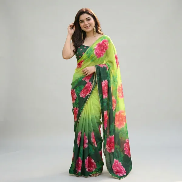 Green_Floral_Printed_Saree_With_Dark_Green_Border_For_Women