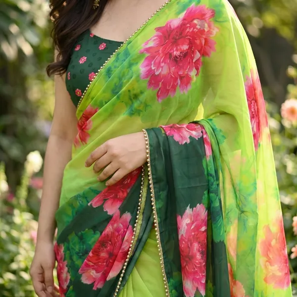 Green_Floral_Printed_Saree_With_Dark_Green_Border_For_Women