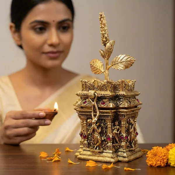 Copper_Base_With_Gold_Plated_Tulsi_Radhakrishna_Haldi_Kumkum_Karande