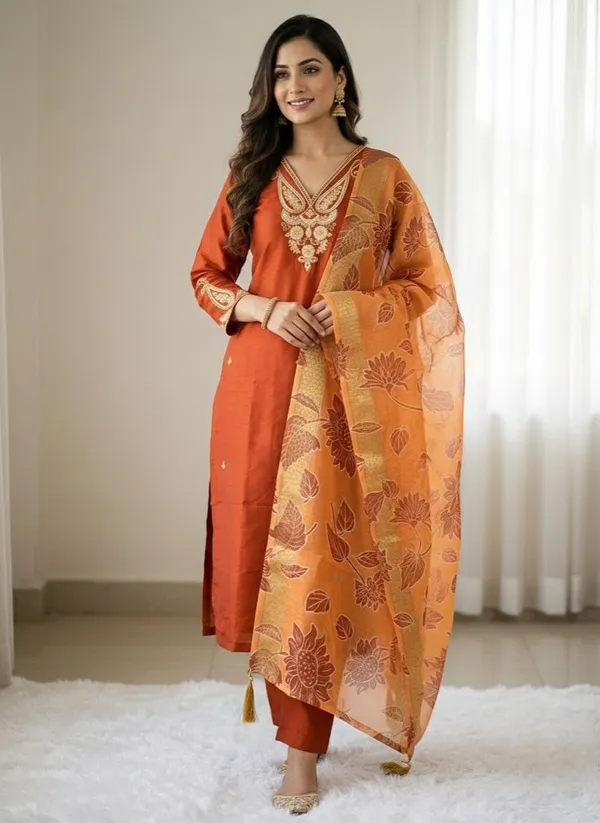 Rust_Cotton_Kurti_Pant_Set_For_Women