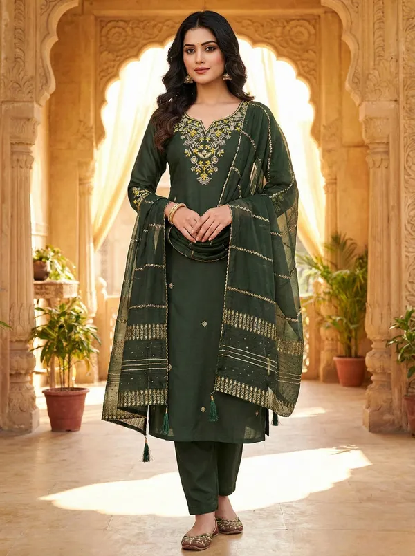 Green_Roman_Silk_Kurti_Pant_Set_For_Women