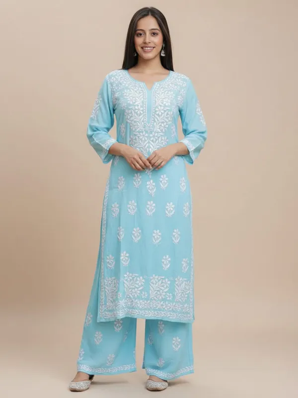 Sky_Blue_Soft_Rayon_Kurti_Set_For_Women