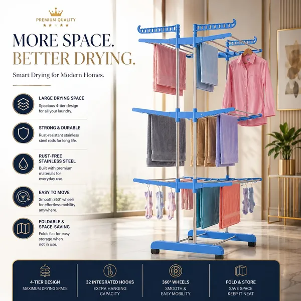 WOTRA_3_Tier_Stainless_Steel_Clothes_Drying_Stand_with_Wheels,_Foldable_Laundry_Drying_Rack_for_Home,_Balcony_&_Indoor_Outdoor_Use
