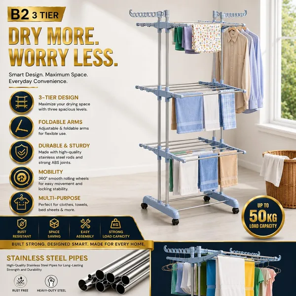WOTRA_3_Tier_Stainless_Steel_Clothes_Drying_Stand_with_Wheels,_Foldable_Laundry_Drying_Rack_for_Home,_Balcony_&_Indoor_Outdoor_Use