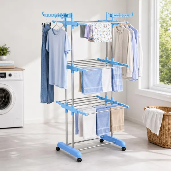 WOTRA_3_Tier_Stainless_Steel_Clothes_Drying_Stand_with_Wheels,_Foldable_Laundry_Drying_Rack_for_Home,_Balcony_&_Indoor_Outdoor_Use